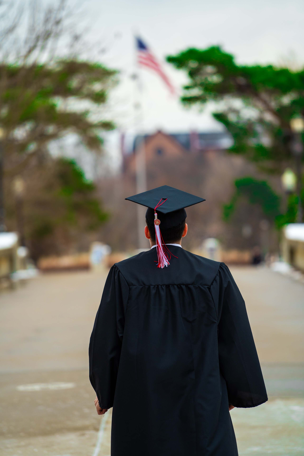 Graduate from behind walking the quad in cap and gown